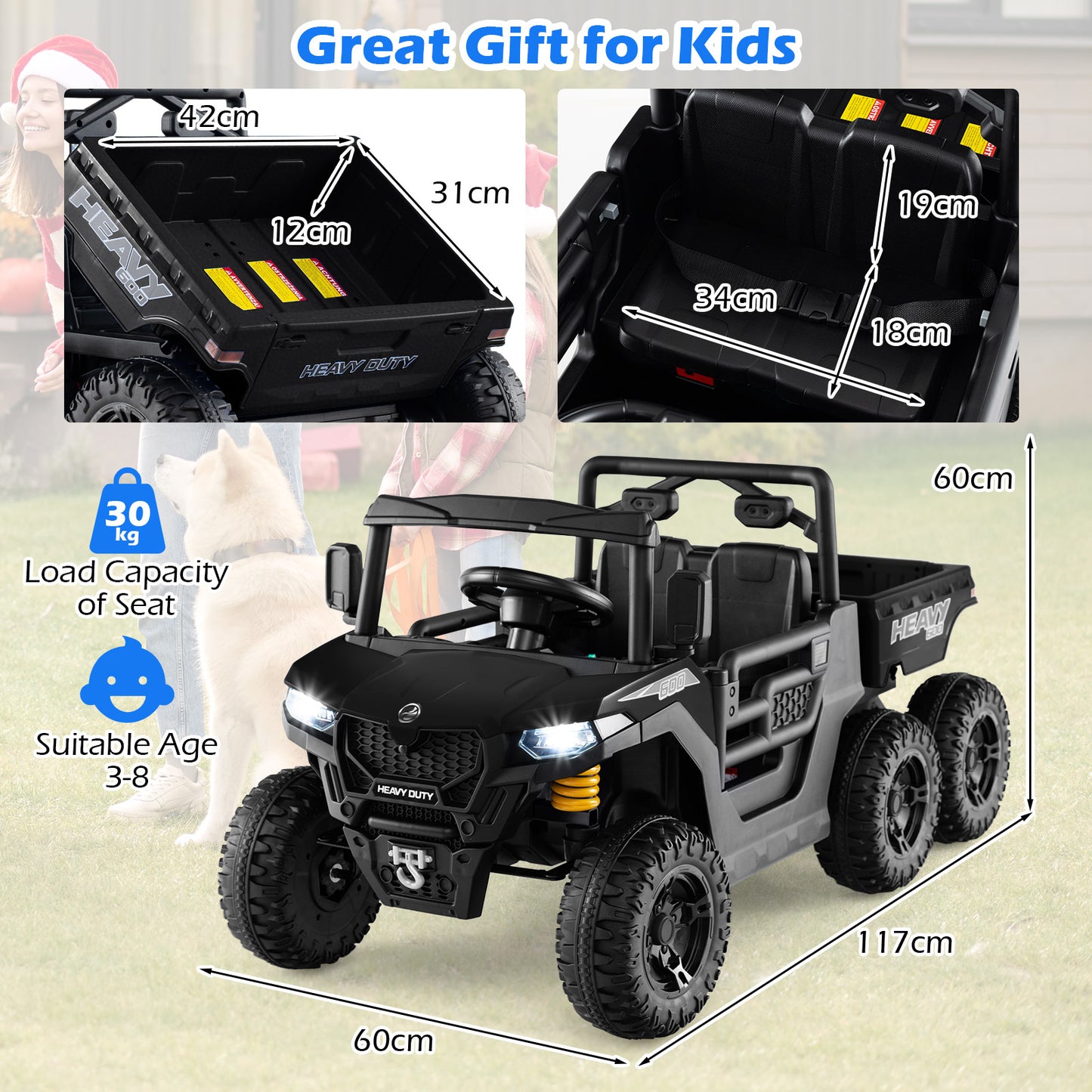 24V Ride on Dump Truck with Electric Dump Bed 4WD with Remote and Music-Black