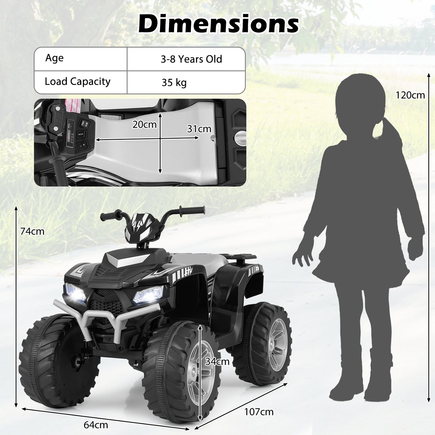 24V Ride-On ATV Toy Car with LED Lights and Wireless Connection-Black