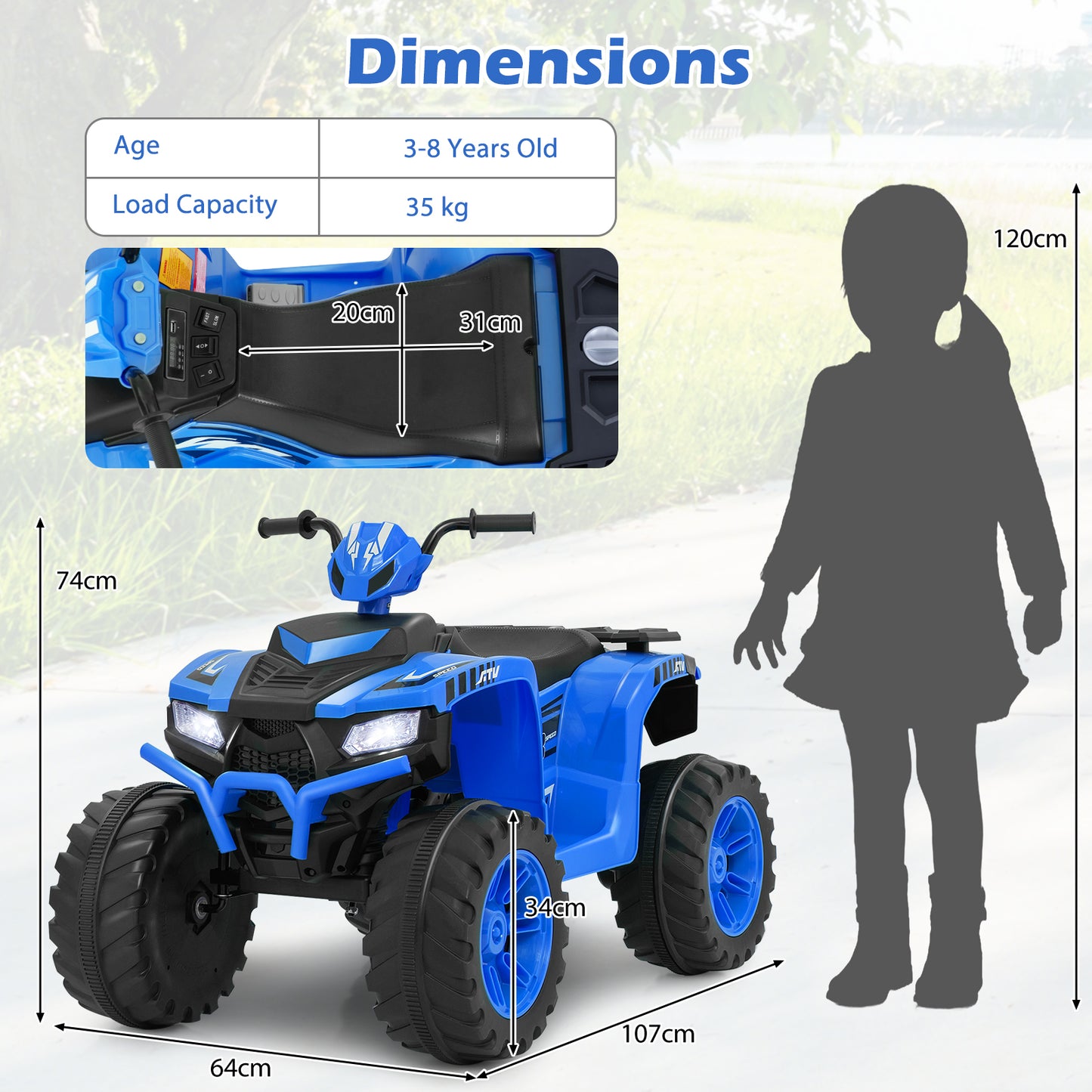 24V Ride-On ATV Toy Car with LED Lights and Wireless Connection-Blue