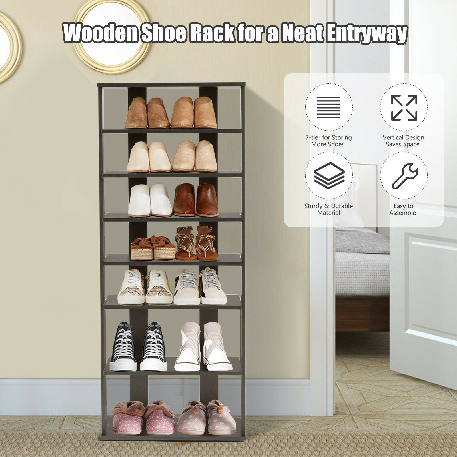 Extra Wide Wooden Vertical Shoe Rack with 7 Shelves-Black