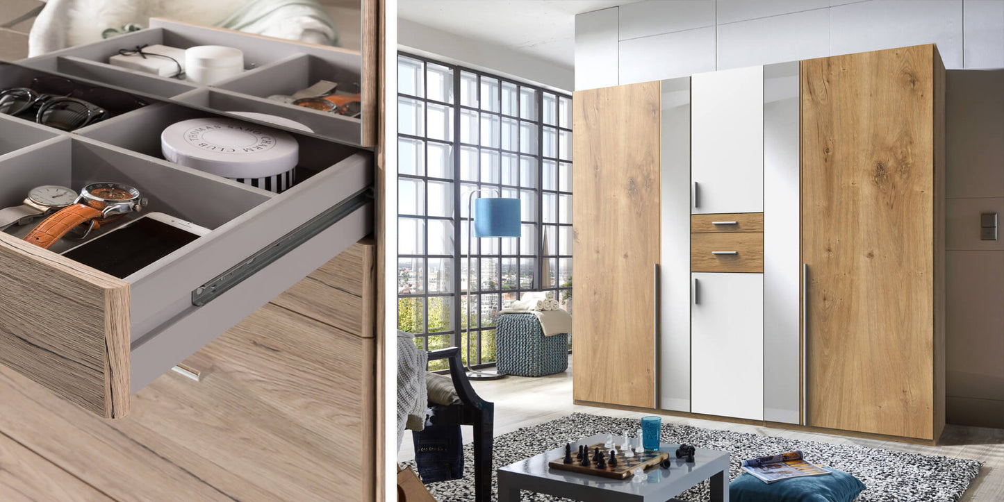 ODENSE 6 Door Wardrobe White and Planked Oak 270cm