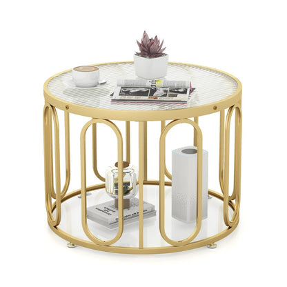 24 Inch Round Coffee Table with Reeded Tempered Glass Top-Golden