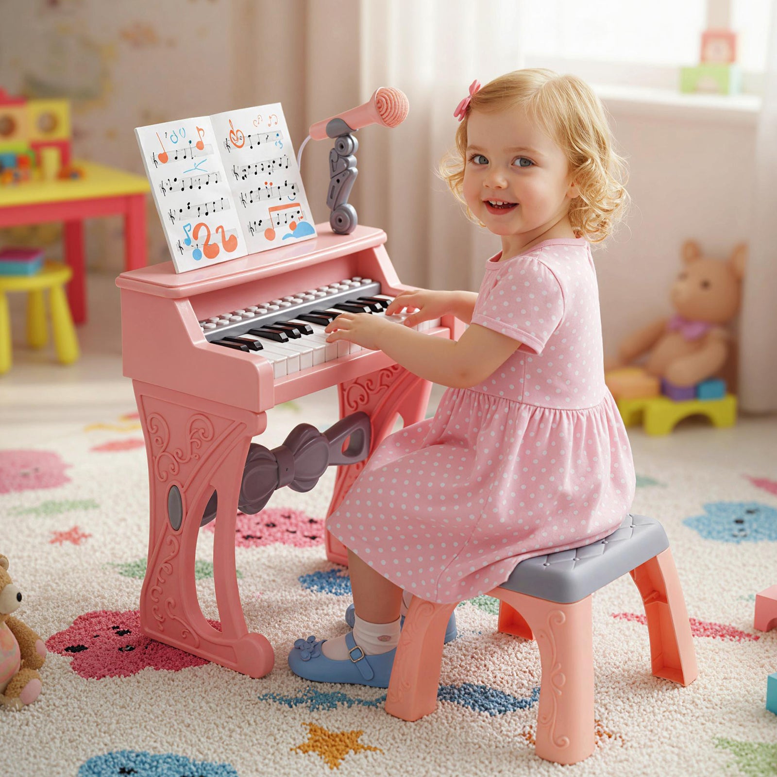 25 Keys Mini Keyboard Piano with Stool and Music Stand for 3+ Kids-Pink