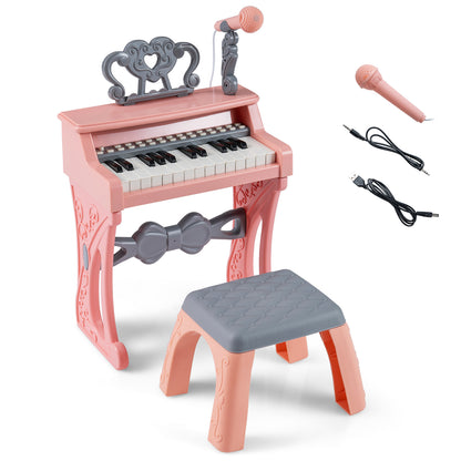 25 Keys Mini Keyboard Piano with Stool and Music Stand for 3+ Kids-Pink