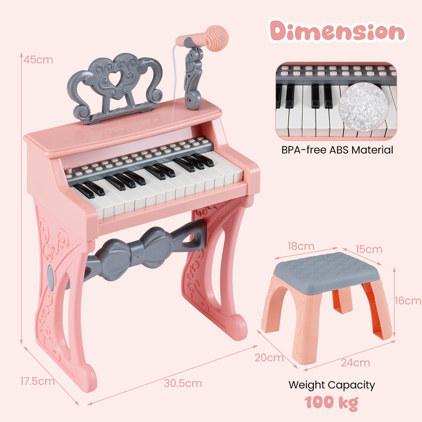 25 Keys Mini Keyboard Piano with Stool and Music Stand for 3+ Kids-Pink