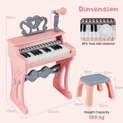 25 Keys Mini Keyboard Piano with Stool and Music Stand for 3+ Kids-Pink