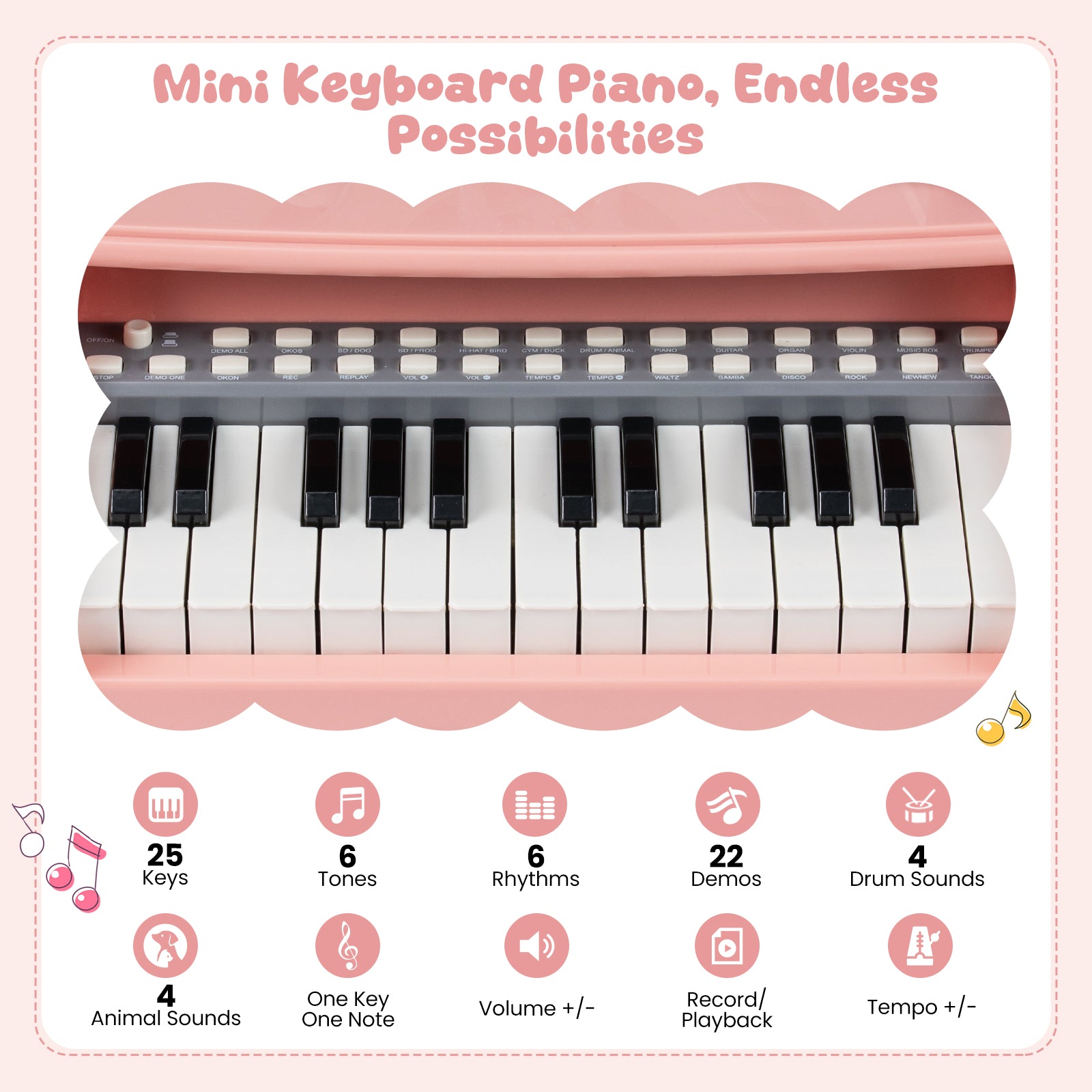 25 Keys Mini Keyboard Piano with Stool and Music Stand for 3+ Kids-Pink