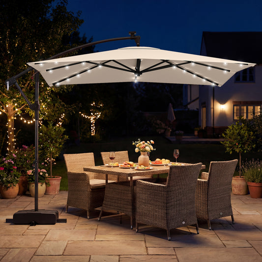 250 x 250 cm Solar LED Offset Cantilever Patio Umbrella Square Hanging Outdoor Market Umbrella-Beige