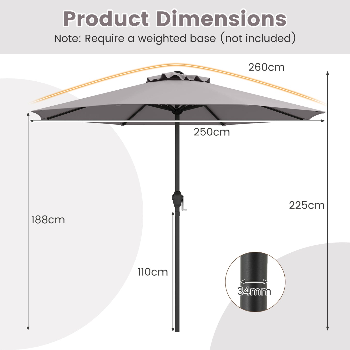 250 cm Patio Umbrella Outdoor Heavy Duty Market Umbrella-Grey