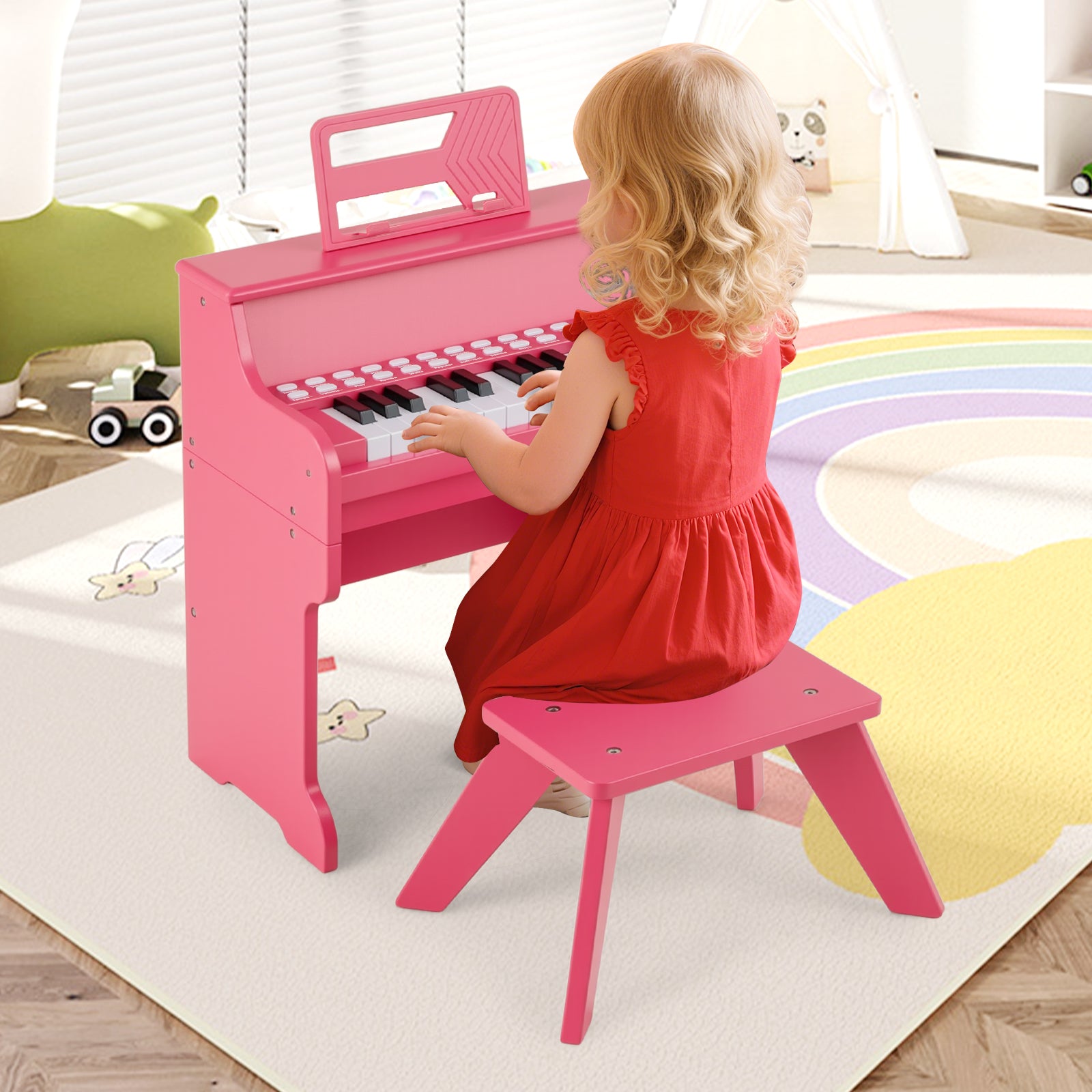 25 Lighted Keys Kids Piano Keyboard with Stool and Adjustable Speed-Pink