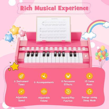 25 Lighted Keys Kids Piano Keyboard Mini Digital Piano Wooden Toy-Pink
