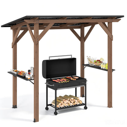 263 x 151 cm Grill Gazebo with 2 Side Serving Shelves-Brown