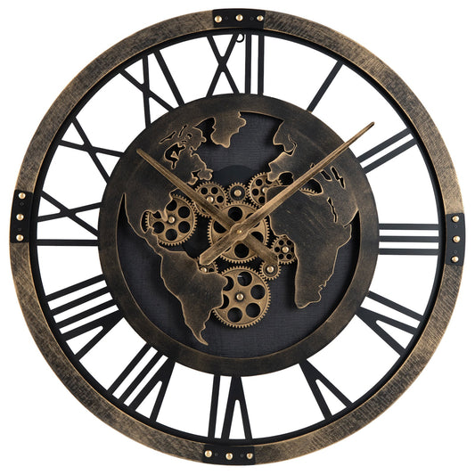 27” Large Wall Clock with World Map and Moving Gears-Brown