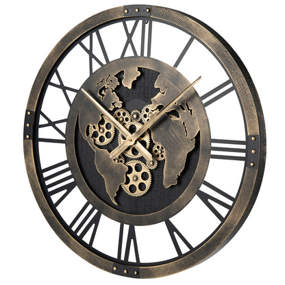 27” Large Wall Clock with World Map and Moving Gears-Brown