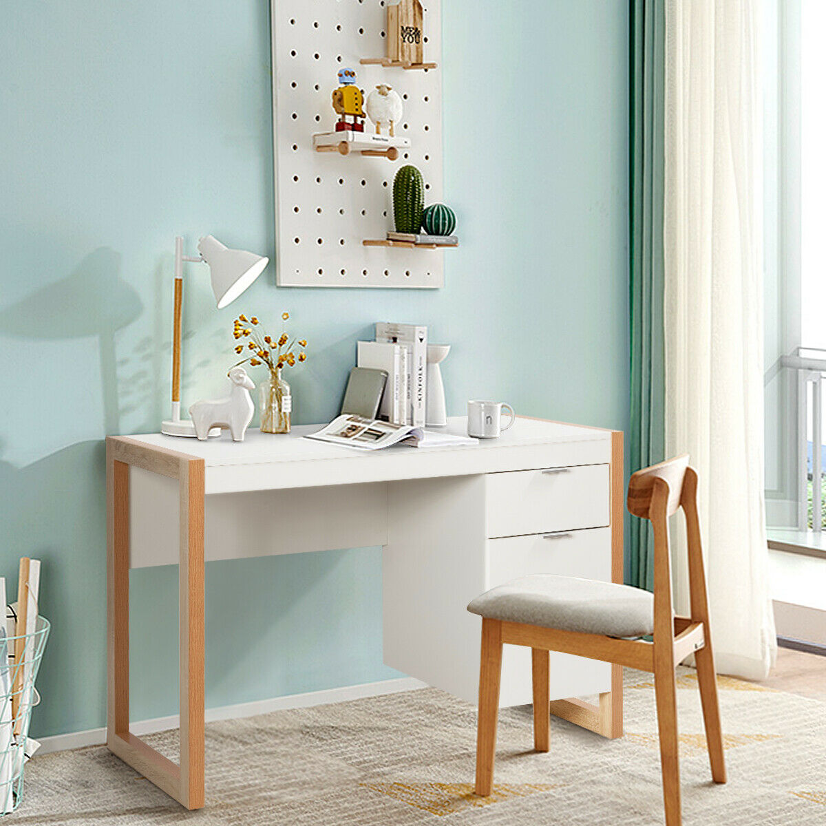 Wooden Computer Desk with Drawer and Cabinet for Home Office-White