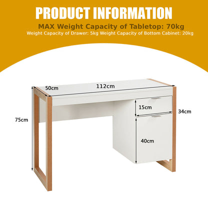 Wooden Computer Desk with Drawer and Cabinet for Home Office-White