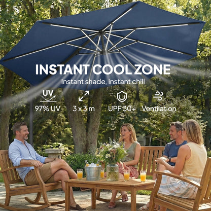 Outsunny 3 m Garden Cantilever Parasol with LED Solar Light, Round Overhanging Umbrella with 360Â° Rotation, Cover, Navy Blue