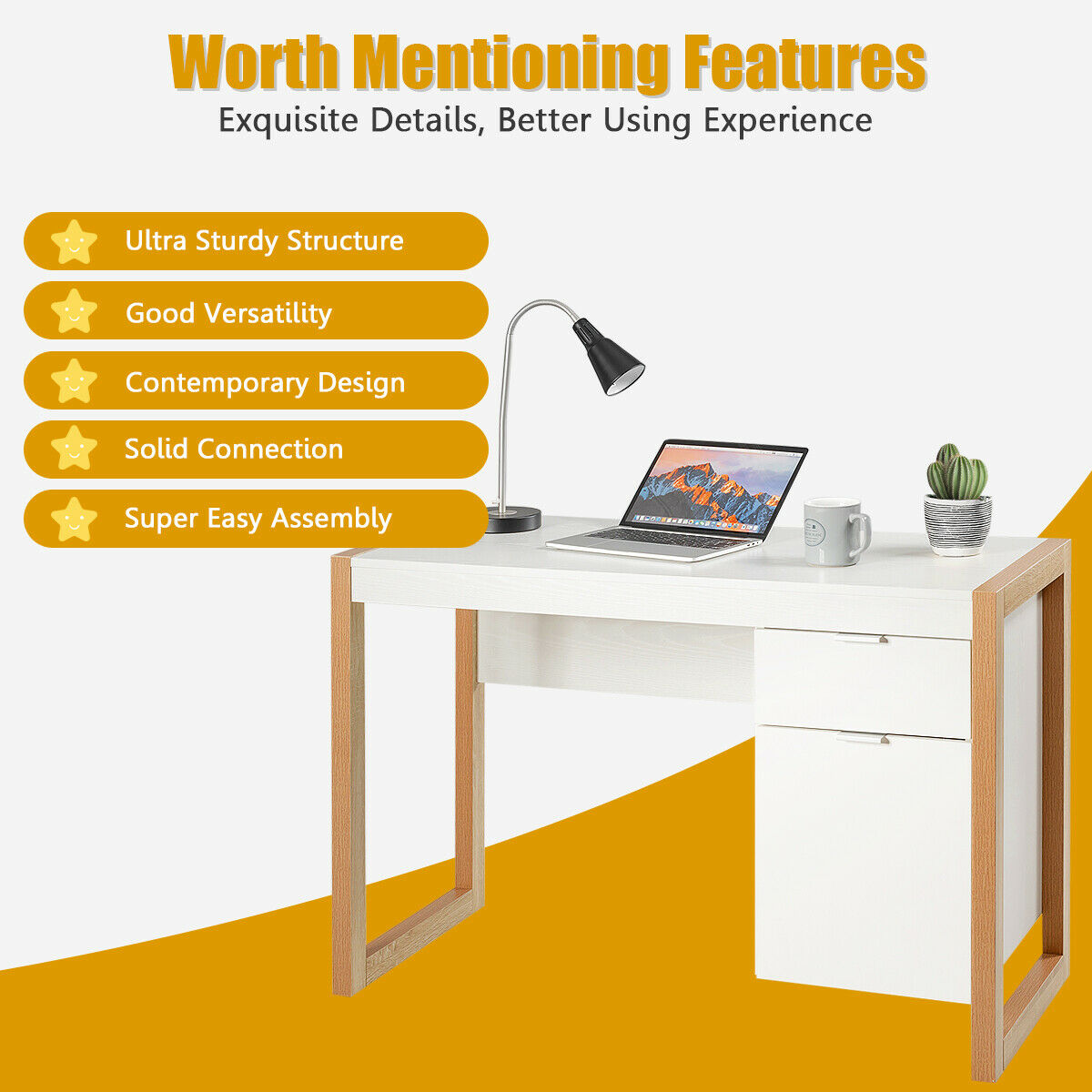 Wooden Computer Desk with Drawer and Cabinet for Home Office-White