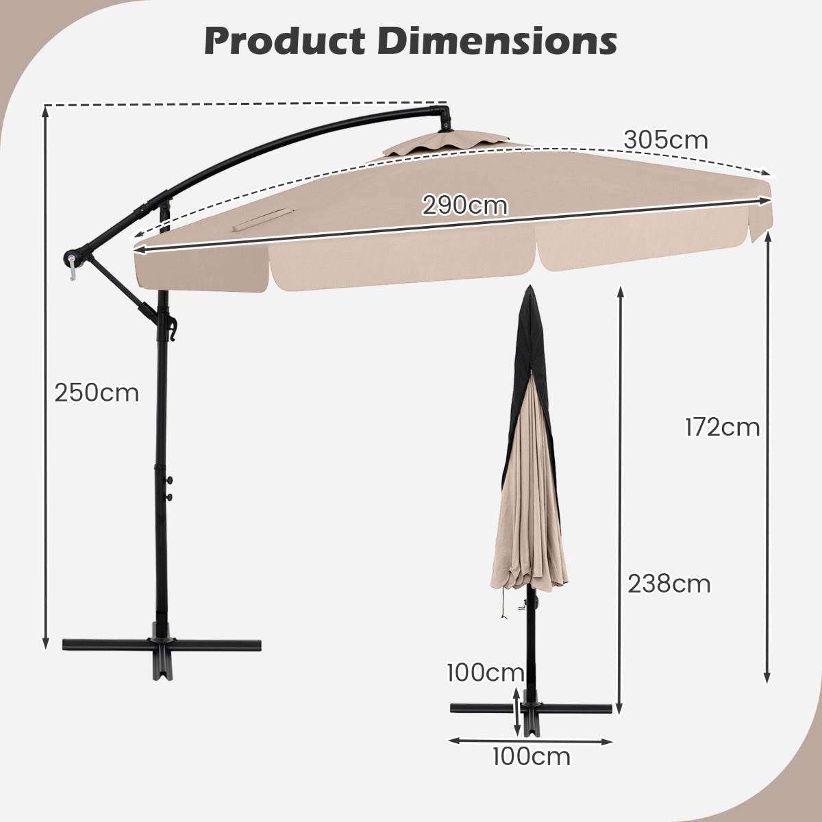 290 cm Patio Cantilever Umbrella with Easy Tilt Adjustment and Ruffled Edge-Beige
