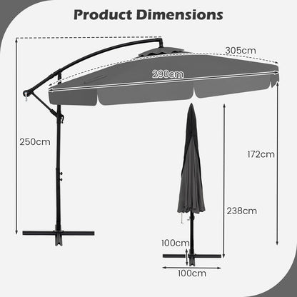 290 cm Patio Cantilever Umbrella with Easy Tilt Adjustment and Ruffled Edge-Grey