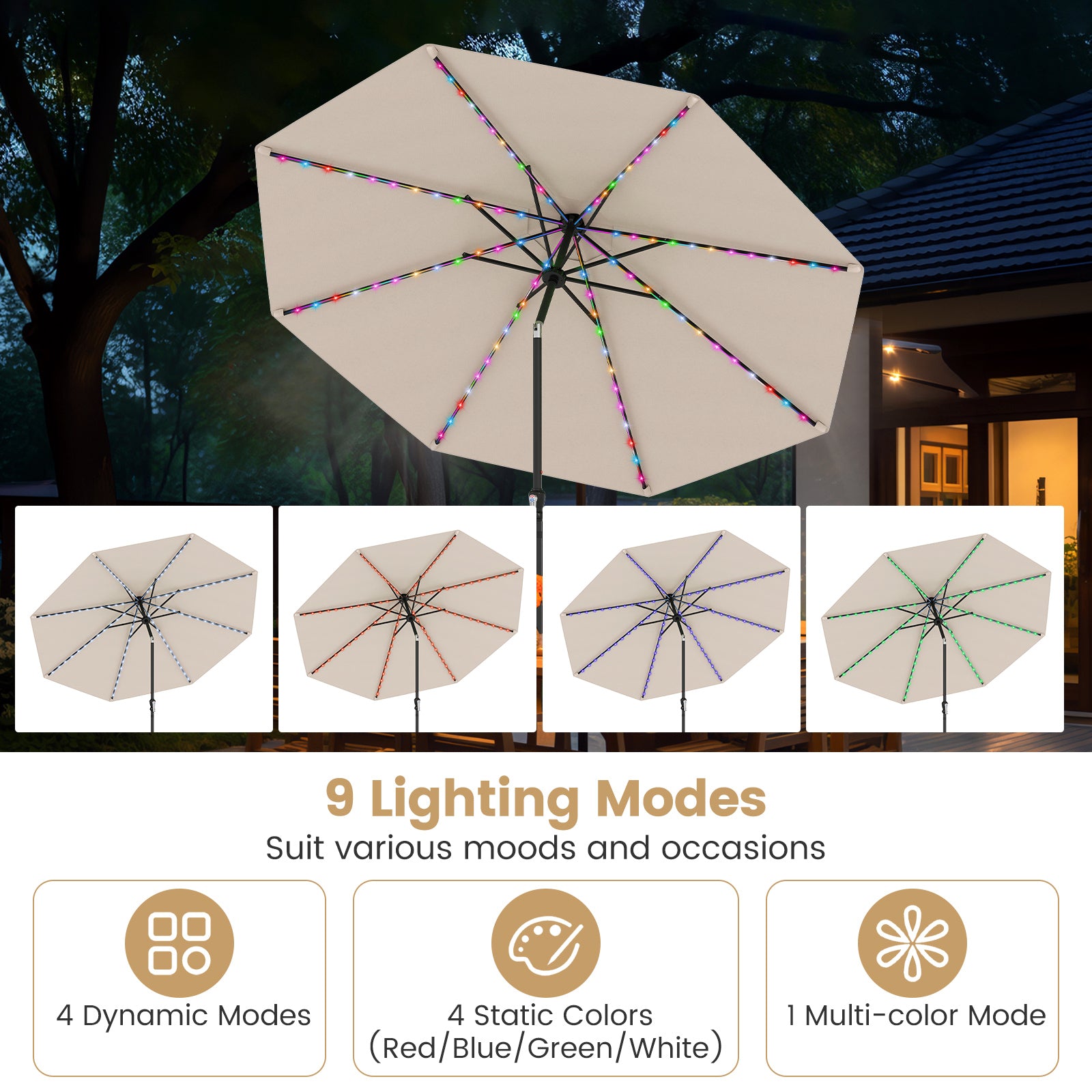 290 cm Solar Patio Umbrella with 96 LED Lights and 9 Modes-Beige