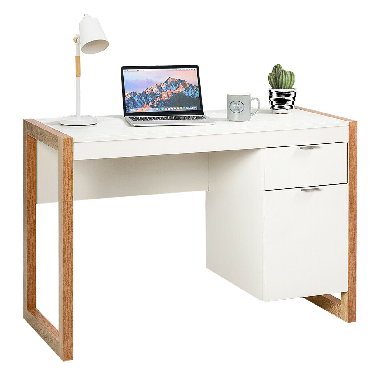 Wooden Computer Desk with Drawer and Cabinet for Home Office-White