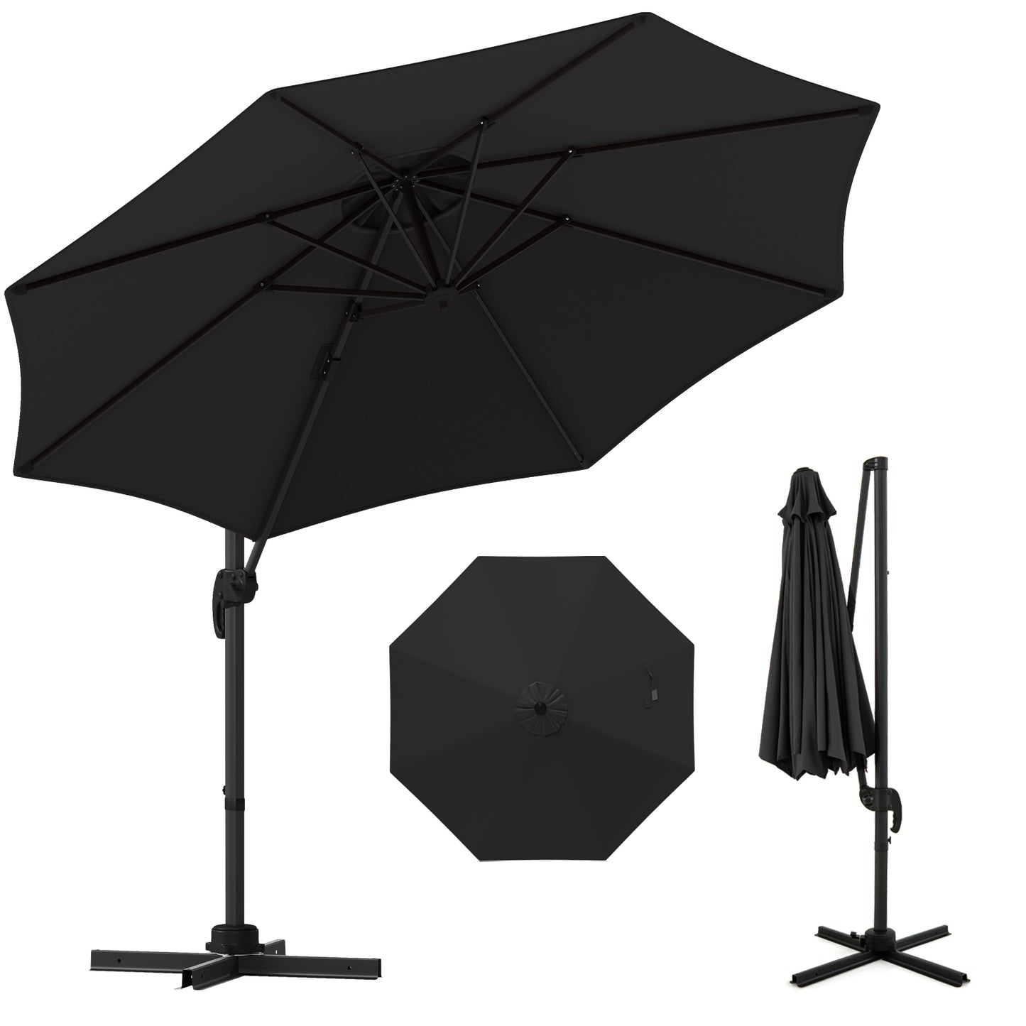 294 x 248 cm Round Outdoor Patio Umbrella Cantilever Umbrella with 360° Rotation for Backyard-Black