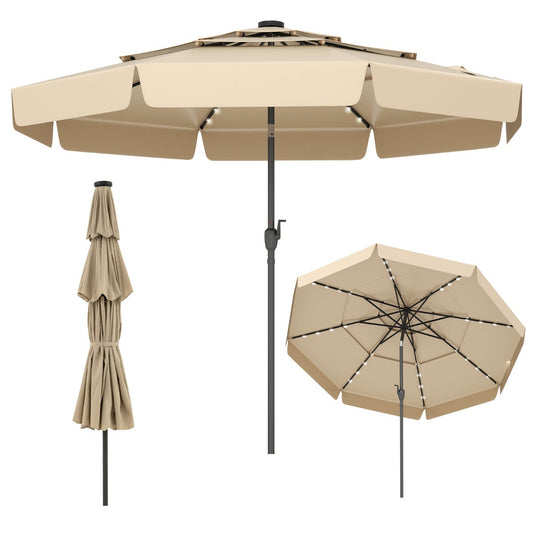 295 cm Solar Patio Umbrella with 32 LED Lights and 3-Tier Vented Top-Beige