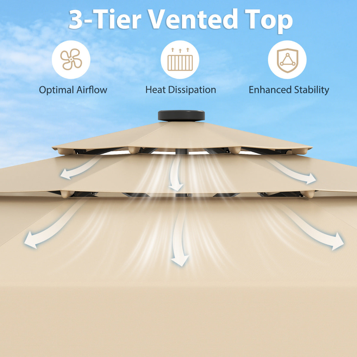 295 cm Solar Patio Umbrella with 32 LED Lights and 3-Tier Vented Top-Beige