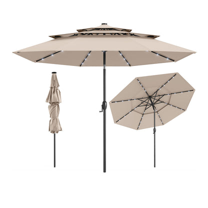 297 cm Solar Patio Umbrella with 32 LED Lights and 3-Tier Vented Top-Beige