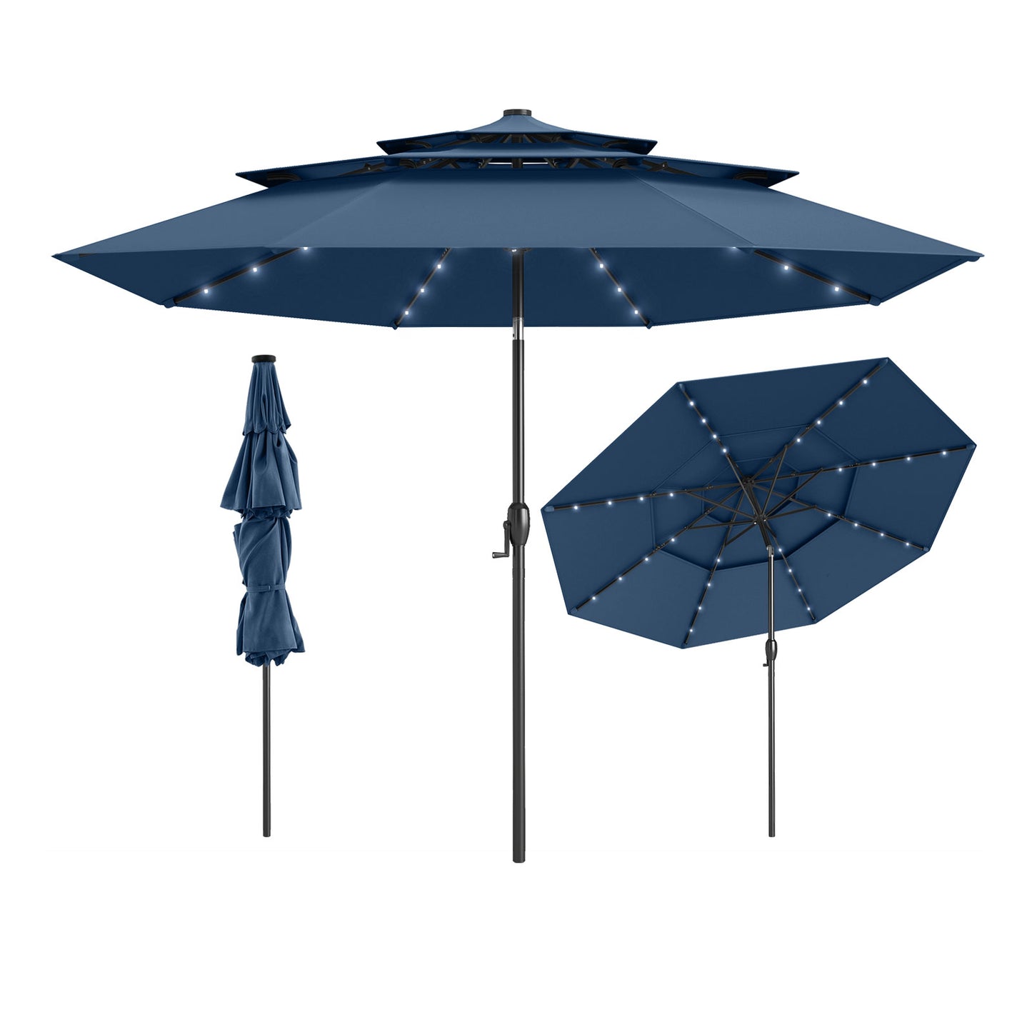 297 cm Solar Patio Umbrella with 32 LED Lights and 3-Tier Vented Top-Navy