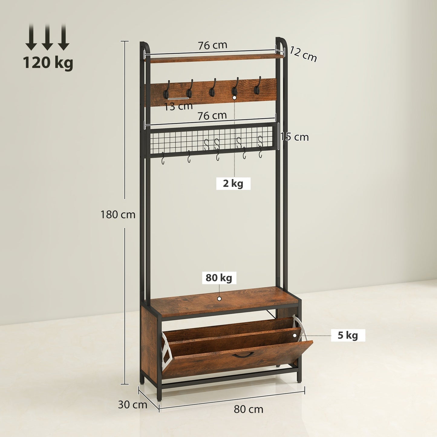 HOMCOM 5-In-1 Industrial-Style Hallway Tree - Brown/Black