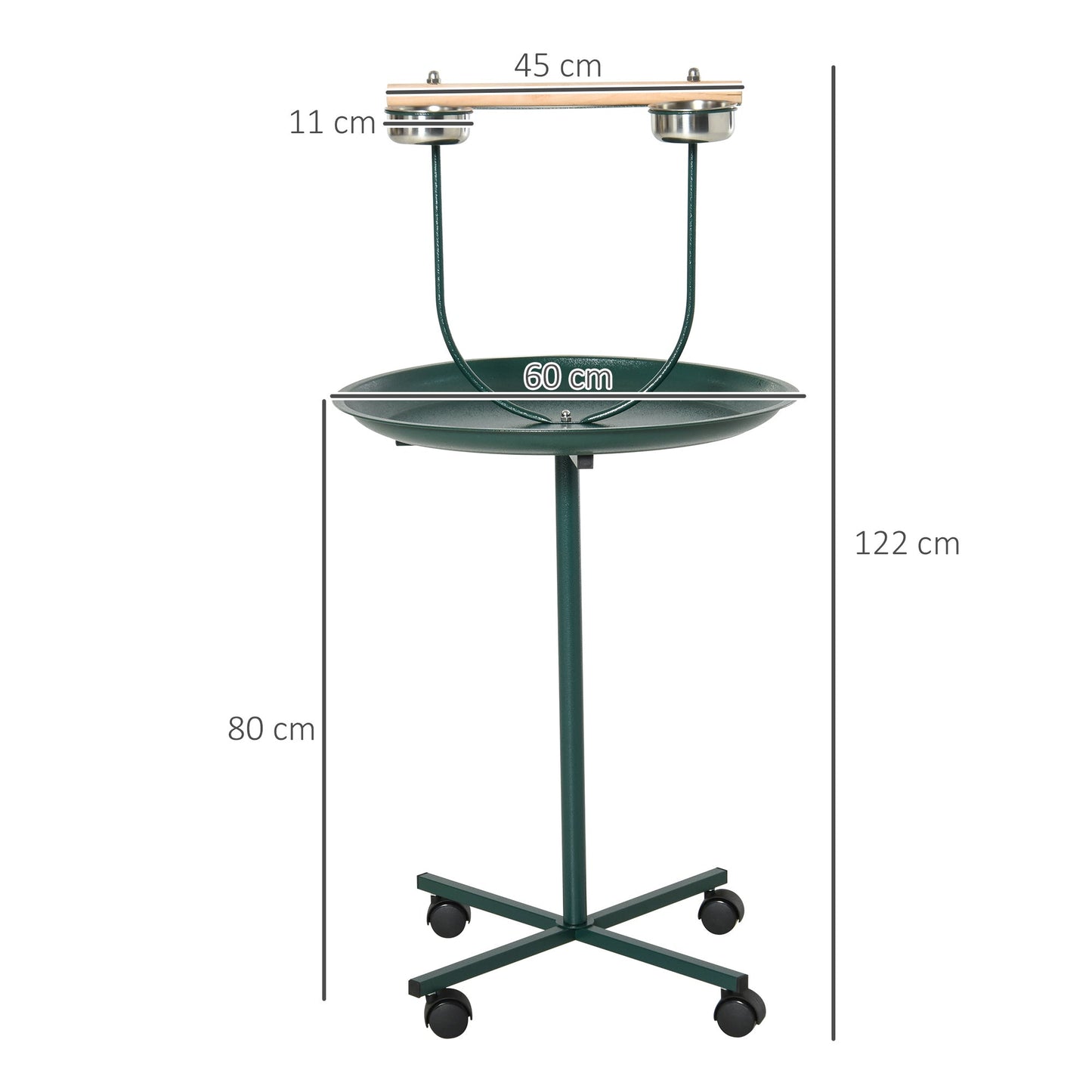 PawHut Bird Perch Stand with Four Wheels, Feeding Bowls, for Small, Medium Birds, Green