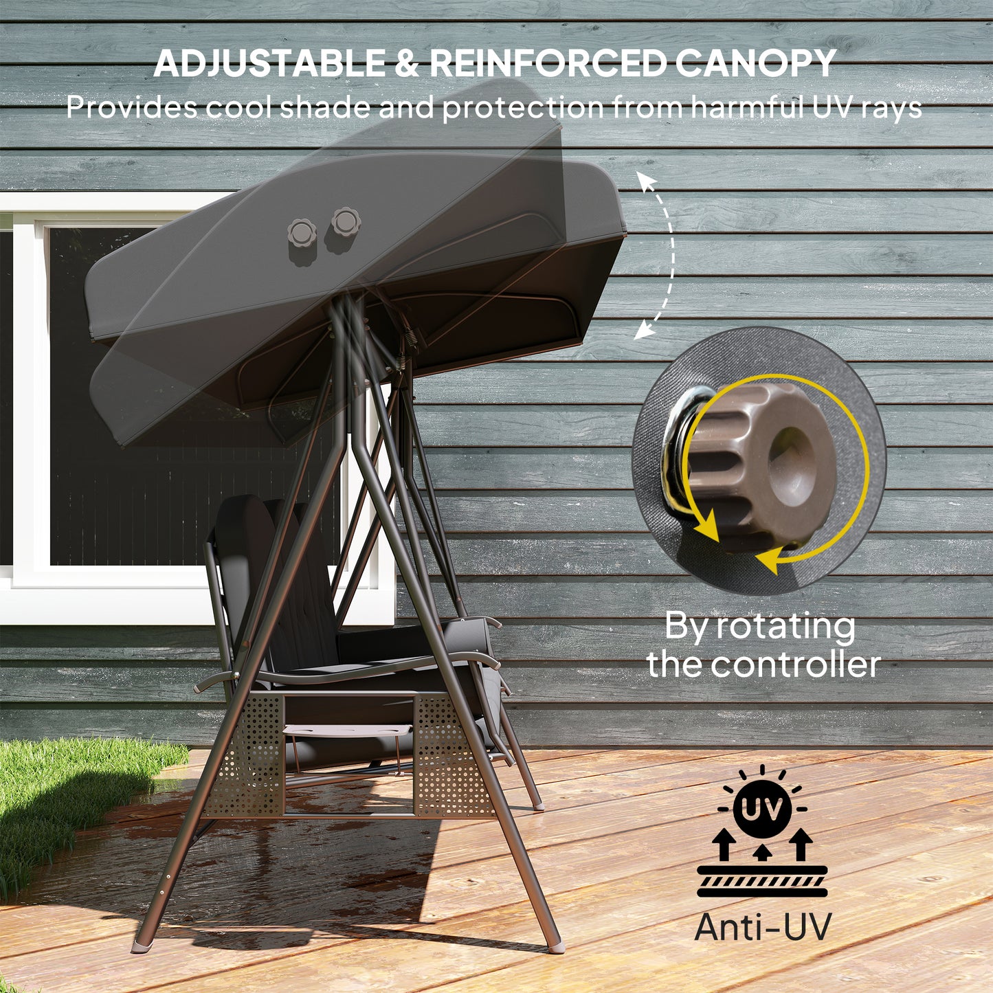 Outsunny 3 Seater Garden Swing Chair Outdoor Hammock Bench w/ Adjustable Canopy, Cushions and Cup Trays, Brown Steel Frame, Dark Grey Fabric