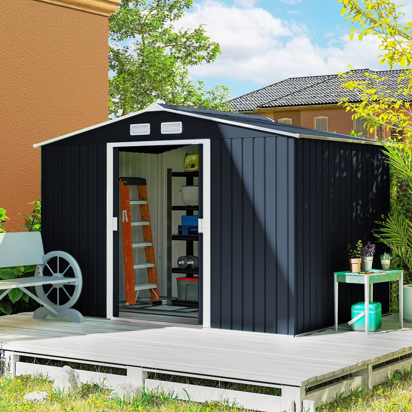 Outsunny 9 x 6ft Metal Bicycle Shed, Outdoor Storage Tool House with Ventilation Slots, Foundation Kit and Lockable Double Doors, Dark Grey