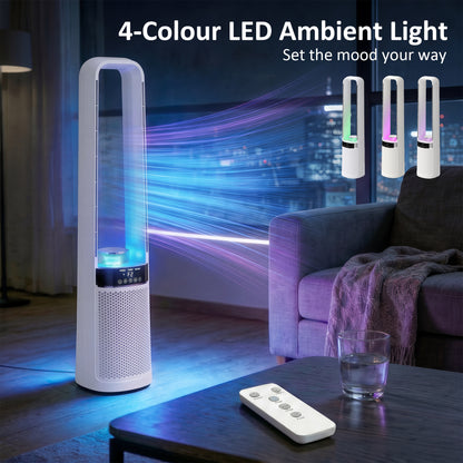 HOMCOM Bladeless Tower Fan, 36dB Standing Cooling Fan with 45° Oscillating, LED Lights, 3 Speeds, 12H Timer, Remote Control
