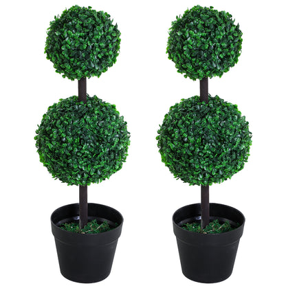 Outsunny Set of 2 Artificial Boxwood Ball Topiary Trees Potted Decorative Plant Indoor DÃ©cor (67cm)