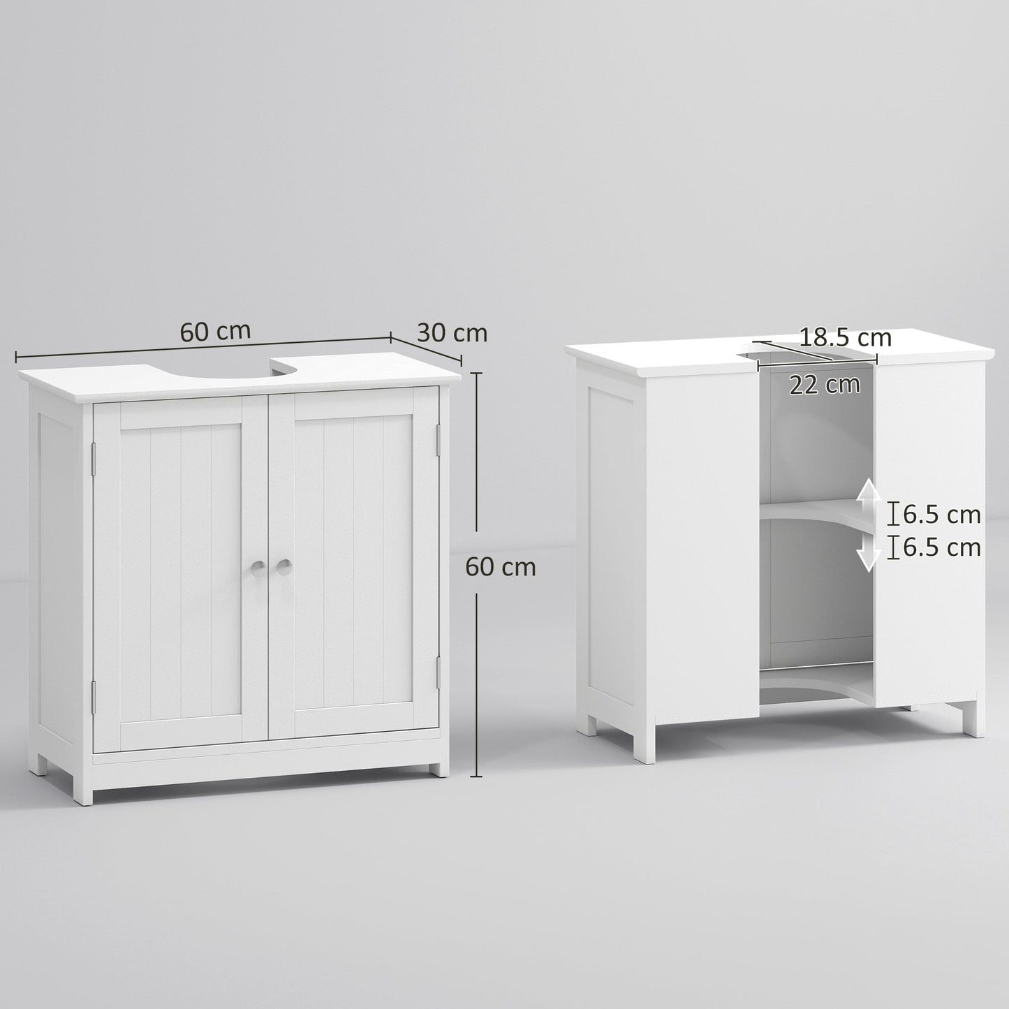 kleankin 60x60cm Under-Sink Storage Cabinet w/ Adjustable Shelf Handles Drain Hole Bathroom Cabinet Space Saver Organizer White