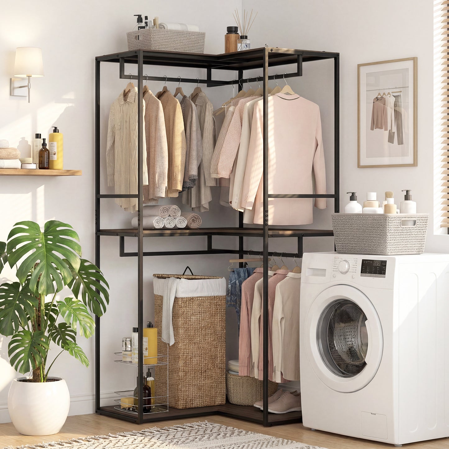 2M L-shaped Coat Rack Unit with 3 Shelves and 4 Rails Open Wardrobe-Grey