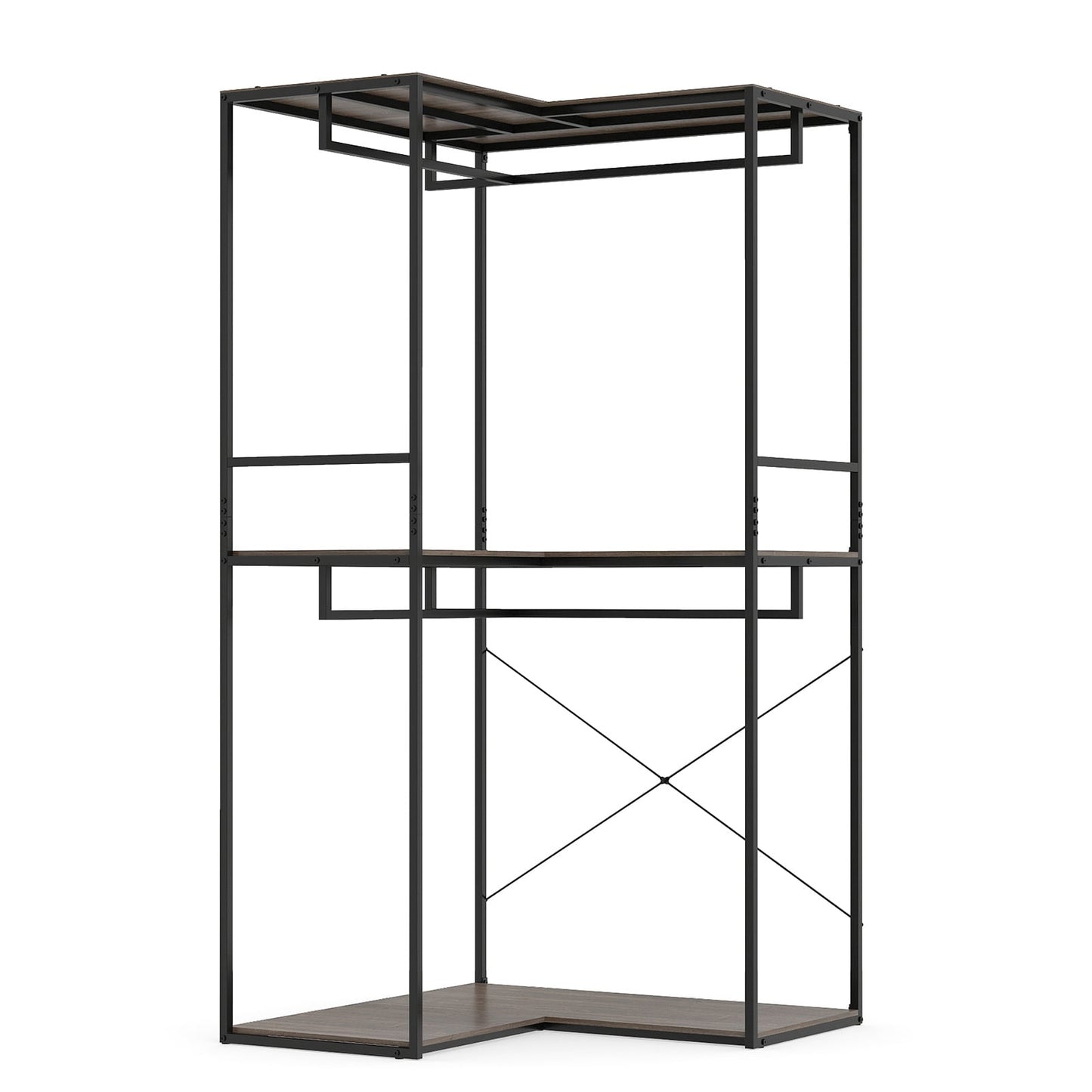 2M L-shaped Coat Rack Unit with 3 Shelves and 4 Rails Open Wardrobe-Grey