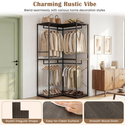 2M L-shaped Coat Rack Unit with 3 Shelves and 4 Rails Open Wardrobe-Grey