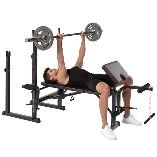 SPORTNOW Weight Bench with Two Barbell Racks, Leg Curl Machine, Preacher Curl Bench, Black
