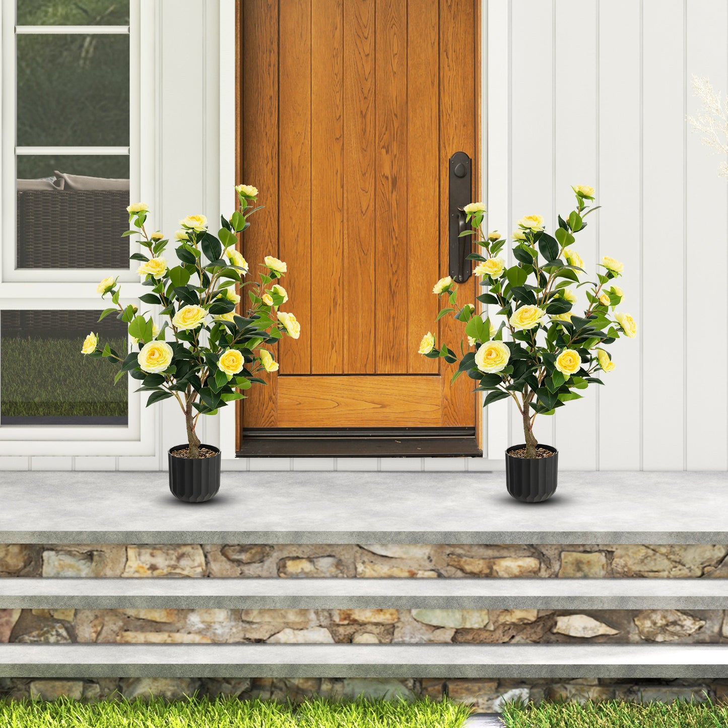1/2 Pieces 95cm Artificial Camellia Tree with Flowers and Rain-Flower Pebbles-Yellow-2 Pieces