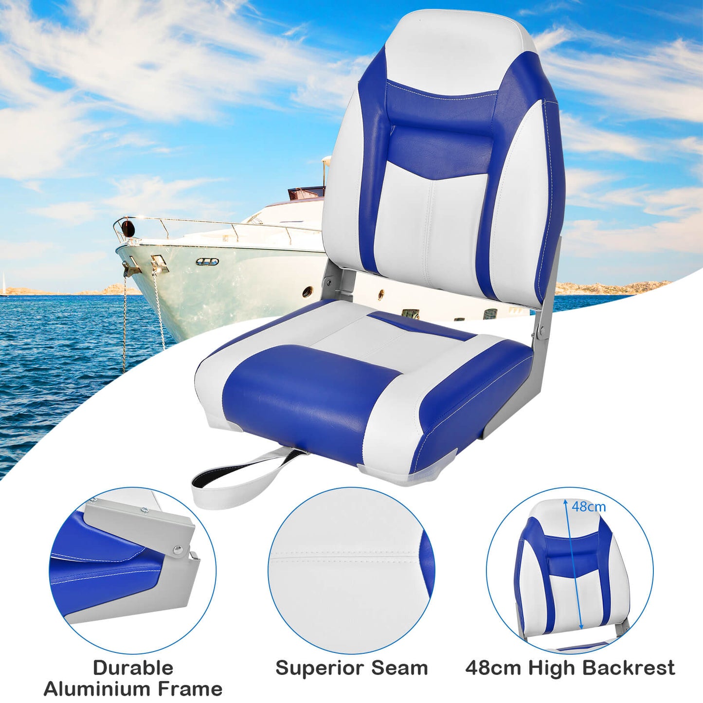 2 Pieces High Back Boat Seat with High-density Sponge Cushion-Blue
