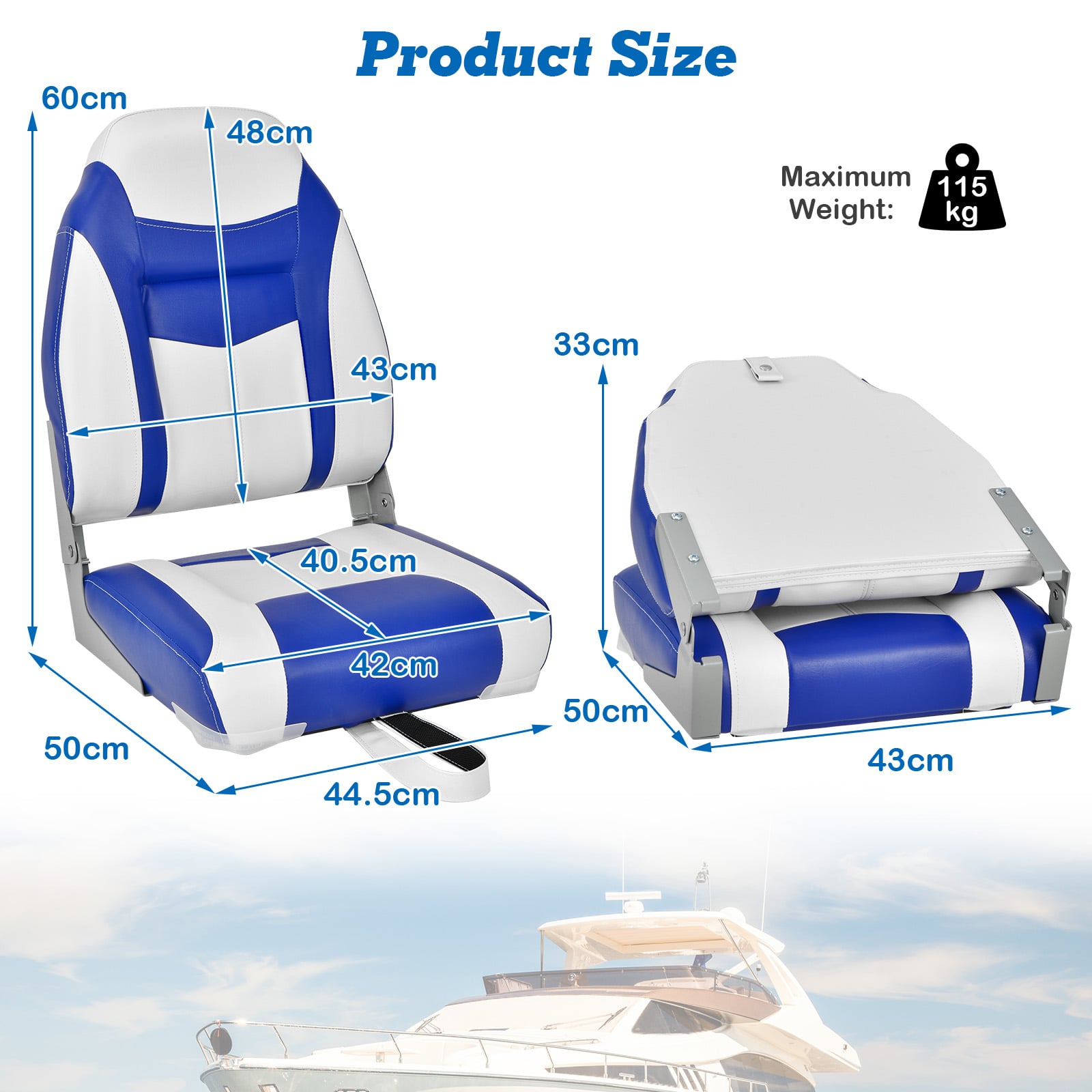 2 Pieces High Back Boat Seat with High-density Sponge Cushion-Blue