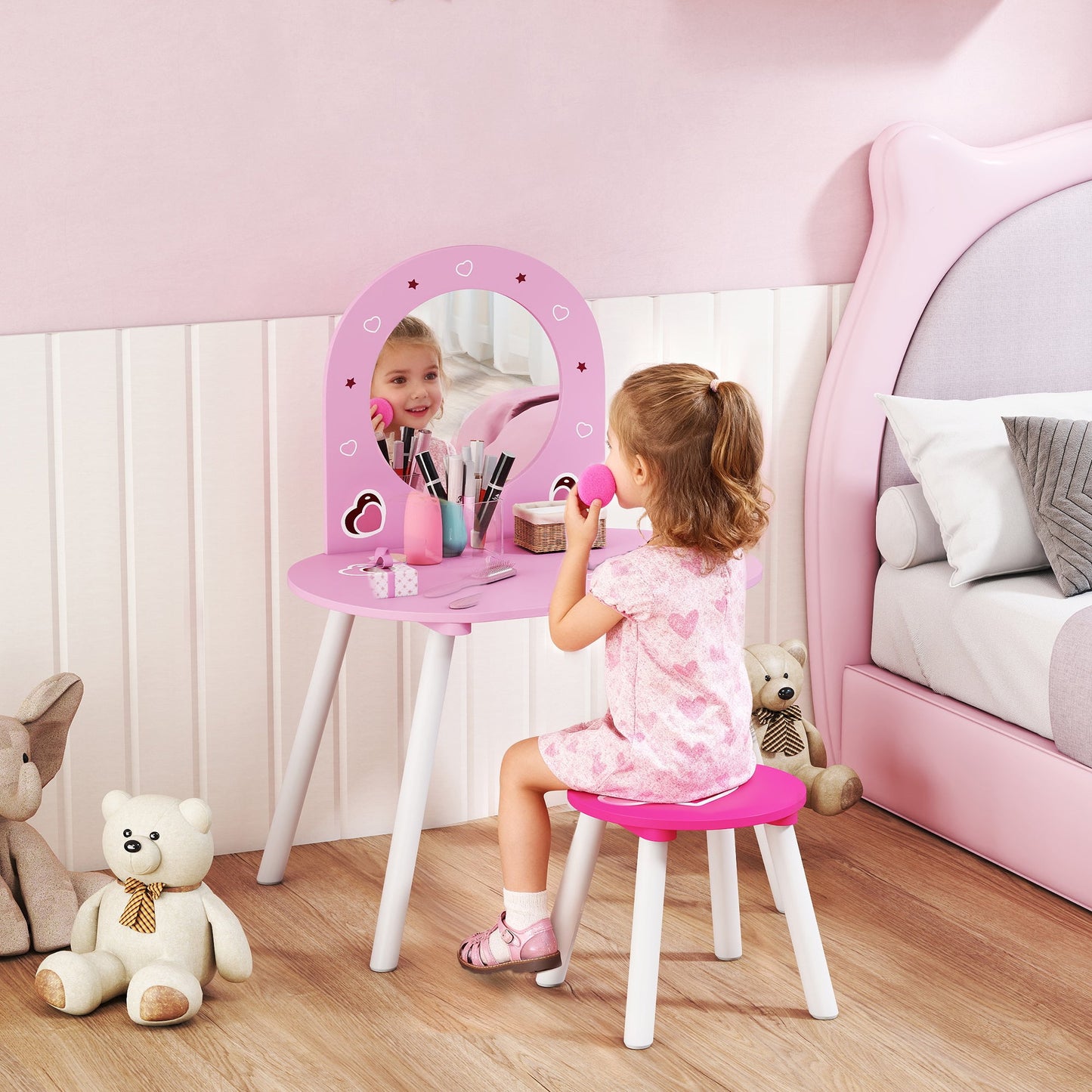 AIYAPLAY Kids Dressing Table with Mirror and Stool, Girls Vanity Set for Kids Room, Bedroom, Nursery, for Ages 3â€“6 Years, Pink