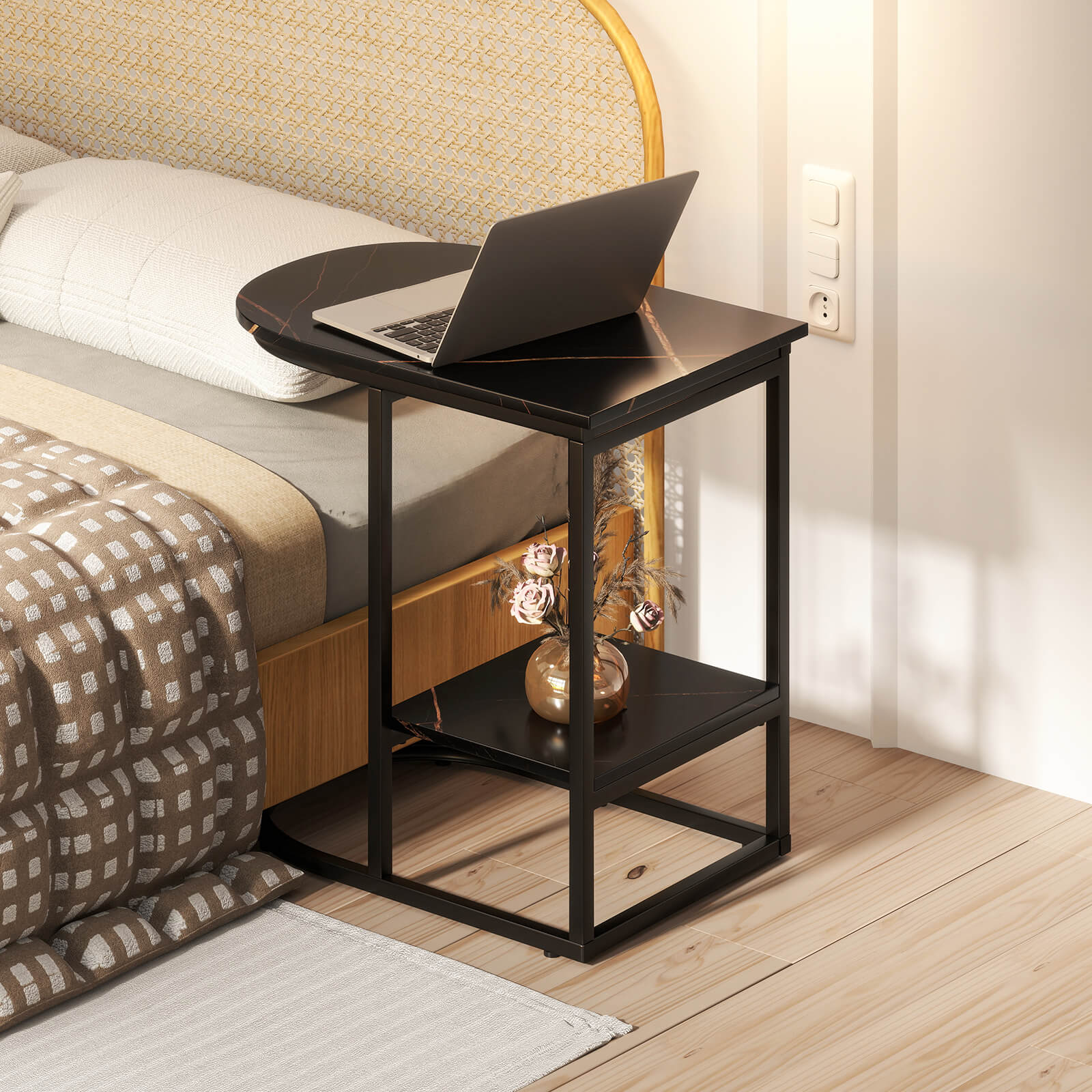 2-Tier C-shaped End Table Modern Sofa Side Table with Metal Frame-Black