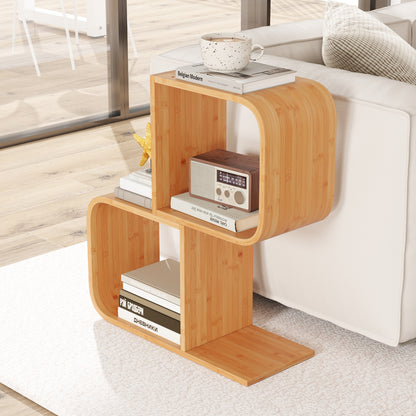 S-Shaped Bookcase Bamboo Bookshelf with 2 Open Cubes-2-Tier