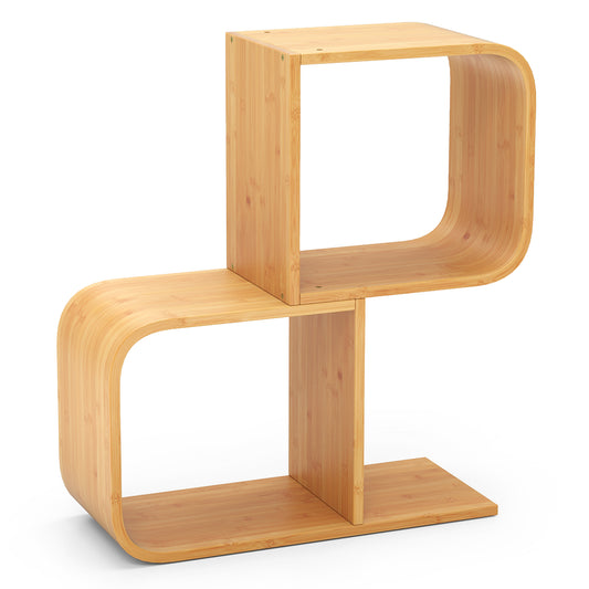 S-Shaped Bookcase Bamboo Bookshelf with 2 Open Cubes-2-Tier