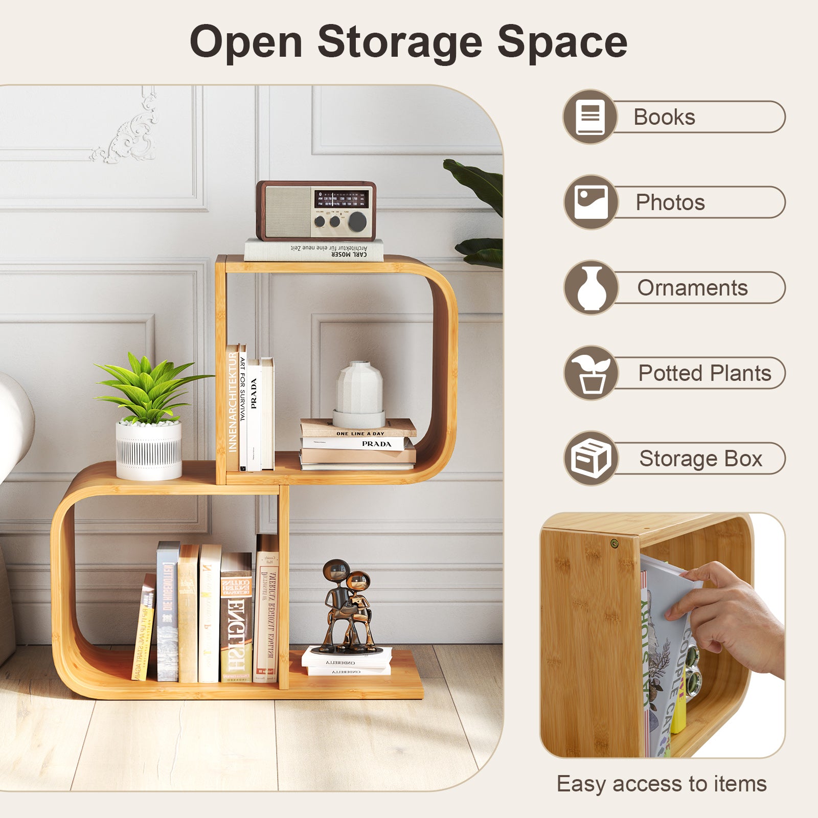 S-Shaped Bookcase Bamboo Bookshelf with 2 Open Cubes-2-Tier